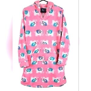 PJ Couture Hooded Gown Pink Elephants Fuzzy Fleece Hoodie Nightgown Sz Medium